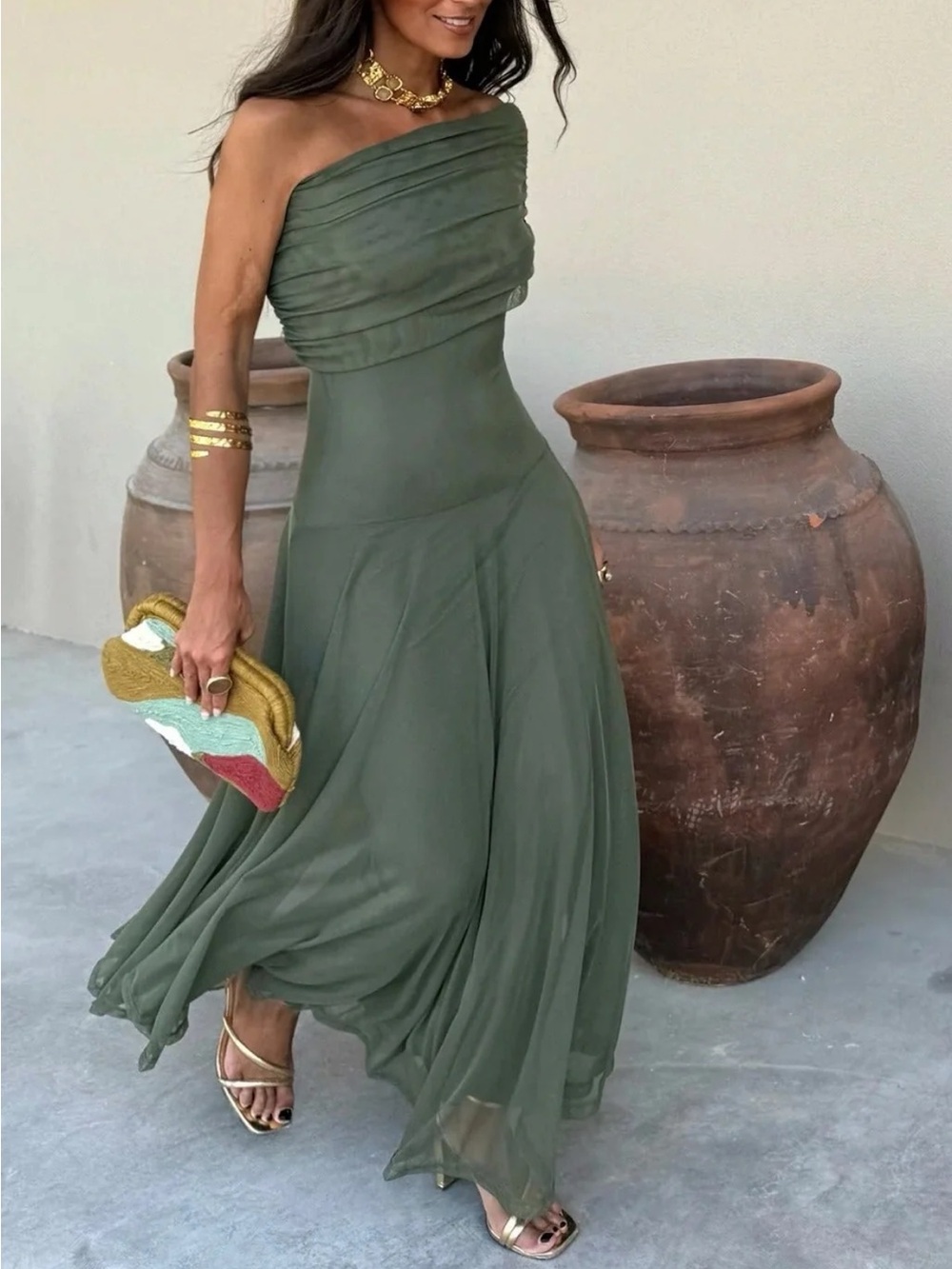 Elegant One-Shoulder Mesh Olive Green Maxi Dress